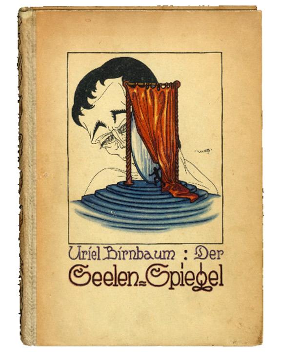 Book cover Uriel Birnbaum: Der Seelen-Spiegel (with drawing of a large head behind a small stage curtain)
