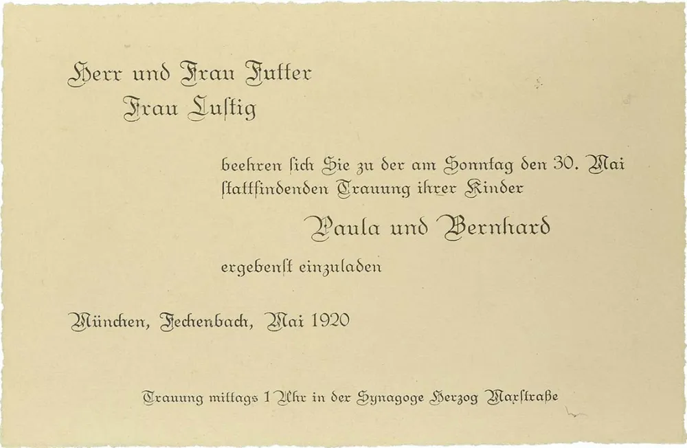 Invitation to the wedding of Paula Futter and Bernhard Lustig