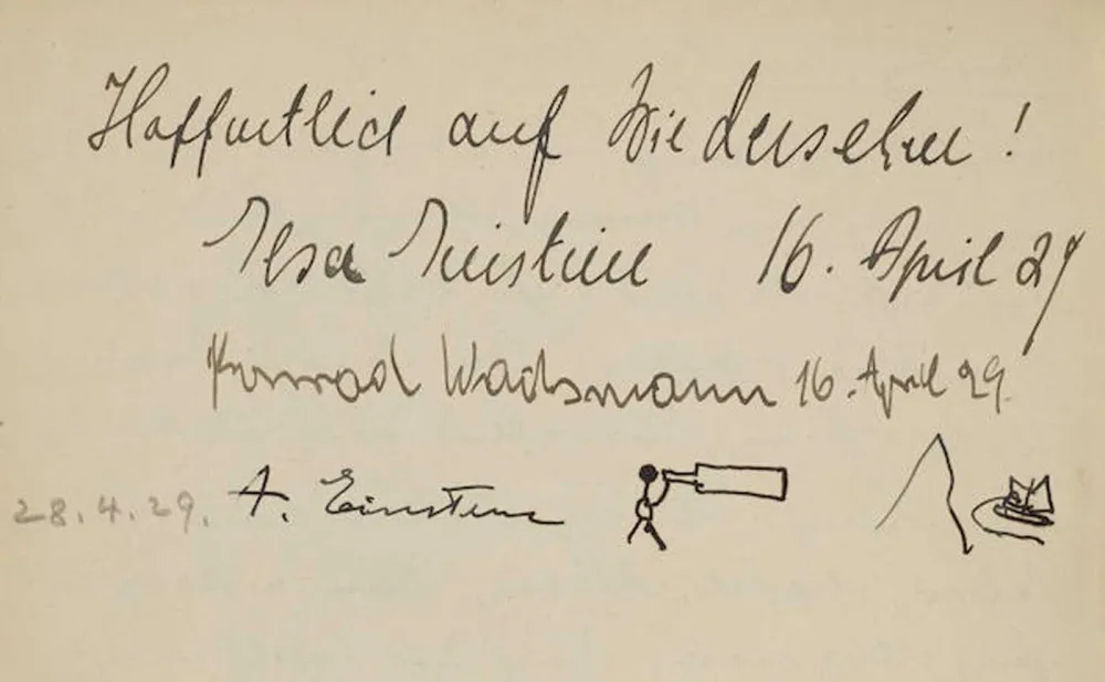 Photo of a page from Adolf Stern's guest book with entries by Elsa Einstein, Konrad Wachsmann, and a figure drawn by Albert Einstein looking into the distance with a telescope.