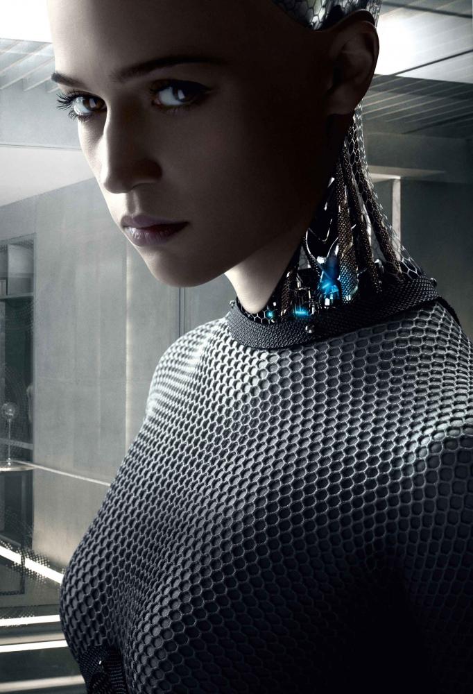 Film still from “Ex_machina”: a female android whose neck consists of wire and metal cloth.