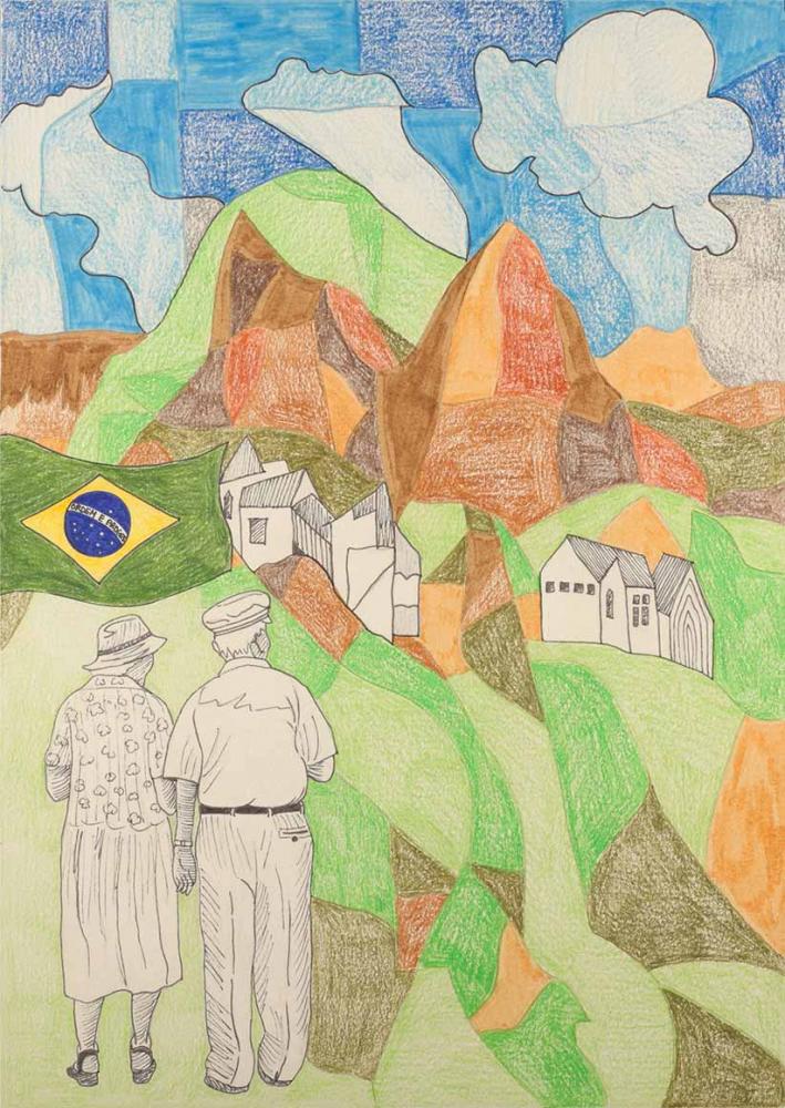  Vorne im Bild ist ein gezeichnetes älteres Paar von hinten zu sehen, sie halten sich an den Händen und blicken auf eine bergige Landschaft und einige Häuser. Links über dem Paar schwebt eine brasilianische Flagge
