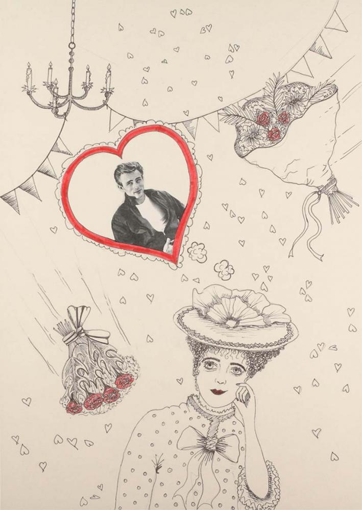 Zeichnung einer jungen Frau, um sie herum sind einige Rosensträuße, viele kleine und ein großes Herz zu sehen. Ins große Herz wurde ein Foto von James Dean eingeklebt