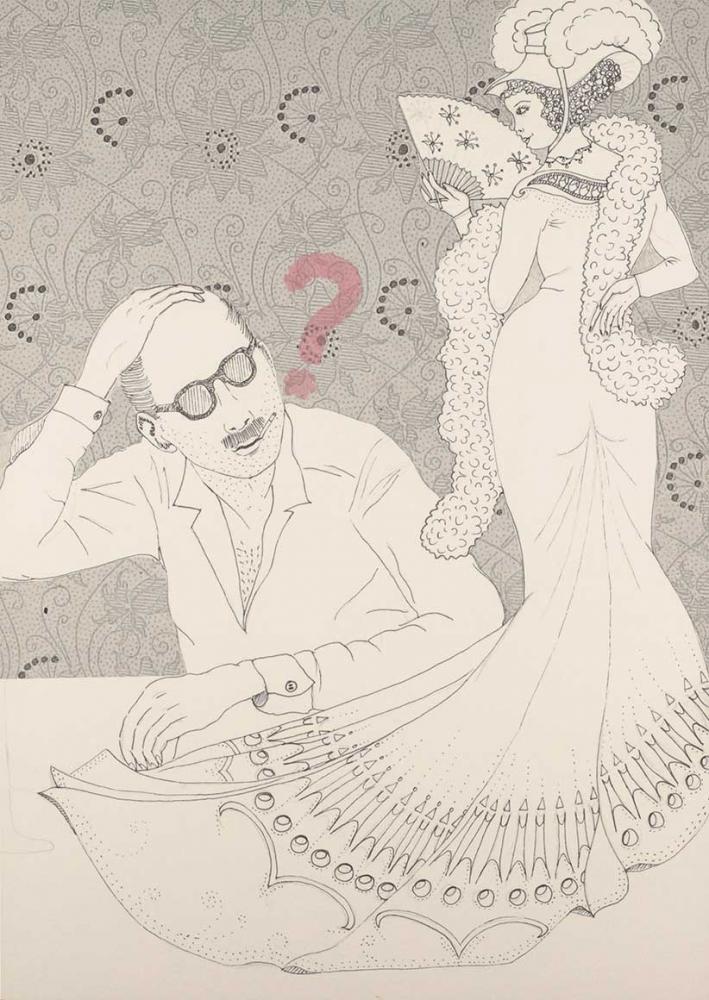 On the right side of the picture you can see a drawn woman in a chic dress with a fan from behind, she is looking down over her left shoulder at a drawn man who is stroking his head with his hand