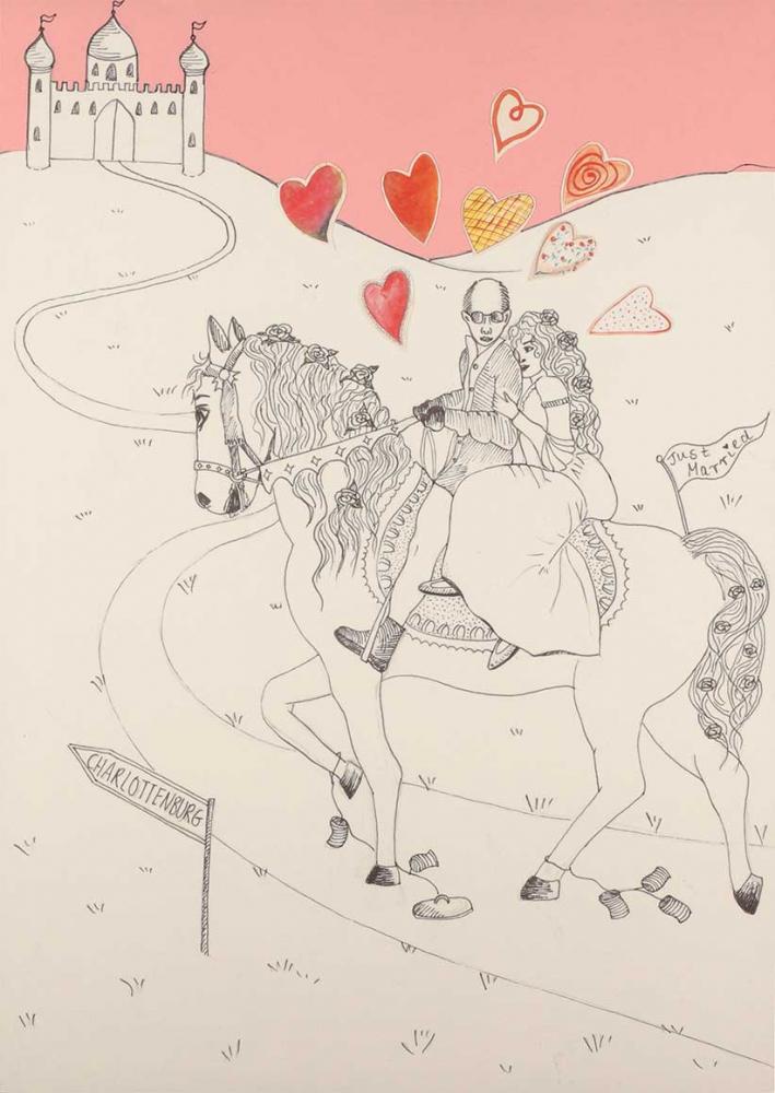 Die Zeichnung zeigt einen Mann und eine Frau, die auf einem Pferd einen Weg entlangreiten, der auf ein Stadttor zuführt. Um sie herum sind viele Herzchen und ein Wegweiser mit der Aufschrift „Charlottenburg“ zu sehen