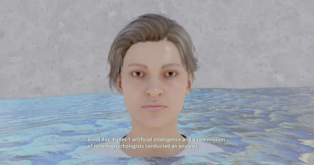 Filmstill mit einem Menschenkopf, die Person ist bis zum Hals im Wasser, das Bild wirkt nicht realistisch, sondern sehr glatt, KI-generiert.