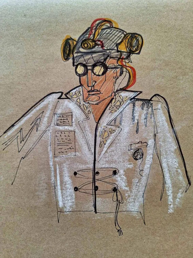Bunte Zeichnung eines Menschen mit Helm, Schutzbrille und futuristischer Jacke.