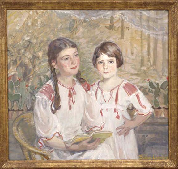Impressionistic painting of two young girls in delicate hues