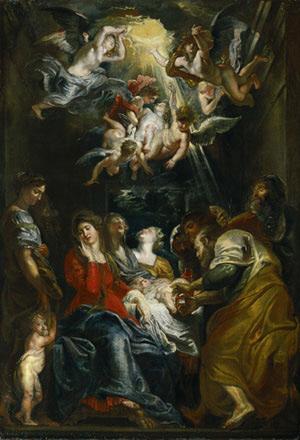 Renaissance painting of a small baby surrounded by people, angels with white feathered wings look down from the parting clouds above