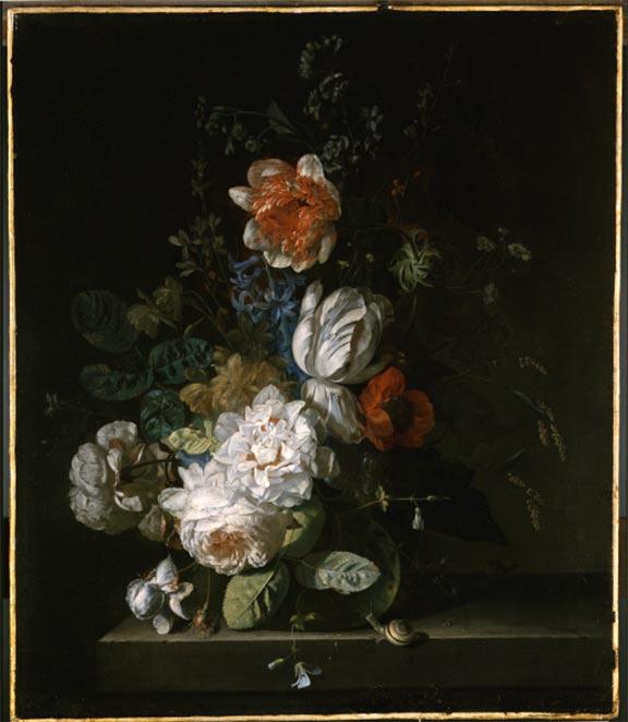 Painting of a colorful bouquet; in the foreground, an apple snail is creeping along the tabletop