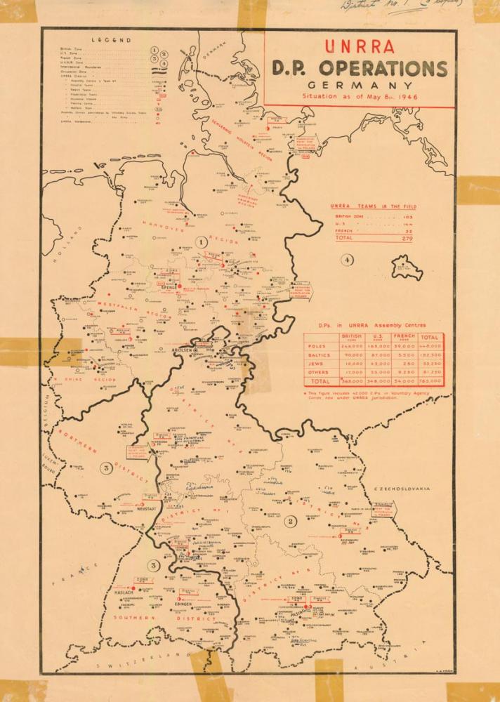 Eine Deutschlandkarte, unterteilt in die verschiedenen Besatzungsszonen nach 1945, in der DP-Camps verzeichnet sind