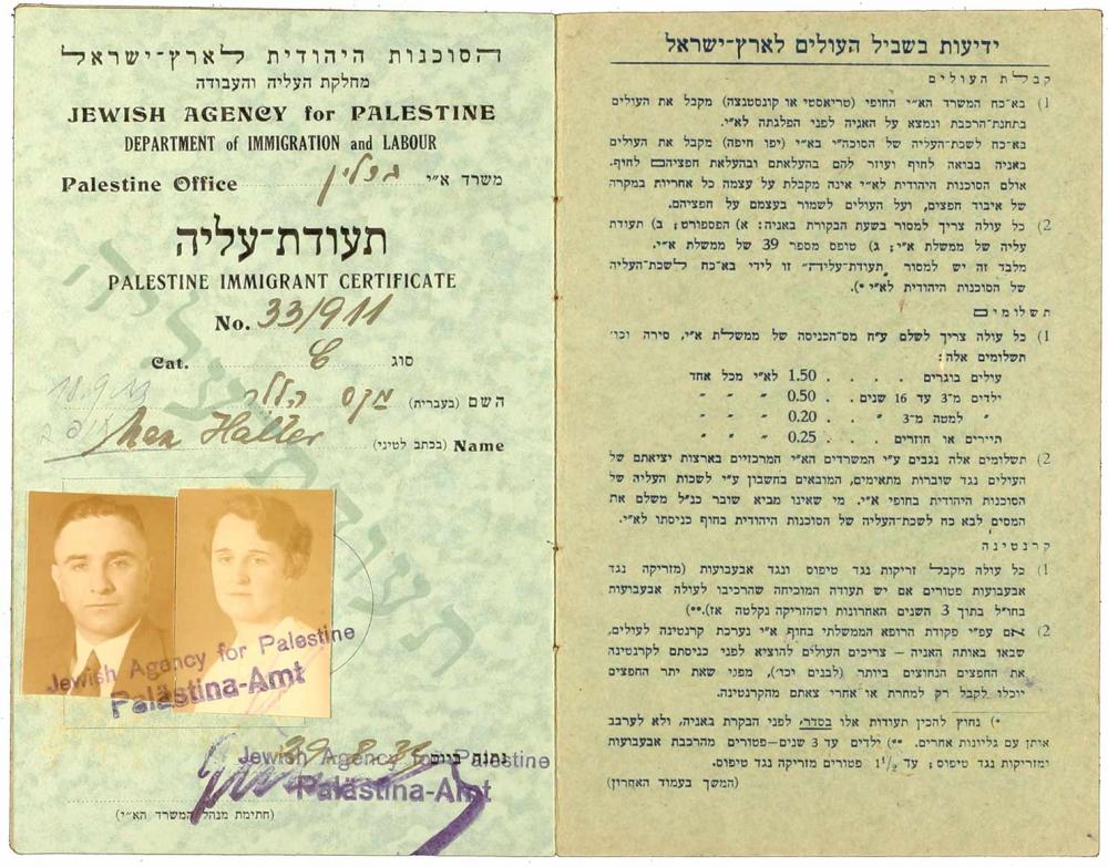 Aufgeschlagener Ausweis mit Passfotos, geheftet, Vordruck, handschriftlich ausgefüllt, in hebräischer, englischer und, deutscher Sprache