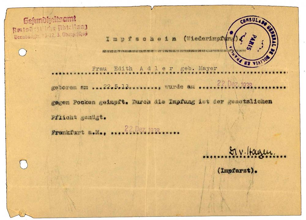 Impfbescheinigung für Edith Adler: Gesundheitsamt, betr. Pocken-Impfung, Vordruck, maschinenschriftlich ausgefüllt, Frankfurt am Main, 22.12.1938
