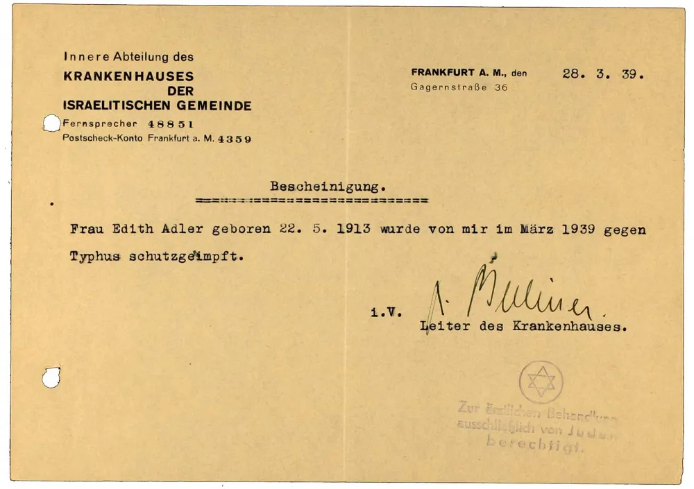 Vaccine certificate for Edith Adler: Israelite Community Hospital, regarding typhus vaccination, typewritten, Frankfurt am Main, 28 Mar 1938