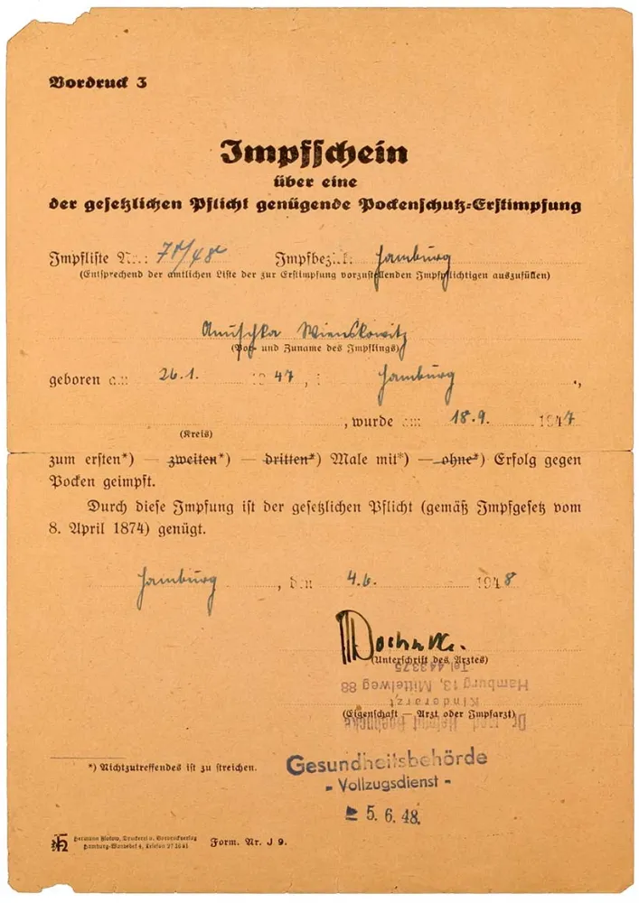 Vaccine certificate, filled out by hand with a stamp from the health authority – penal service – dated 5 Jun 1948