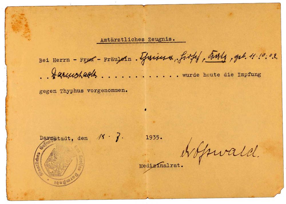 Vaccine certificate for Heinrich Katz: concerning typhus, printed form, filled out by hand, Darmstadt, 18 July 1935