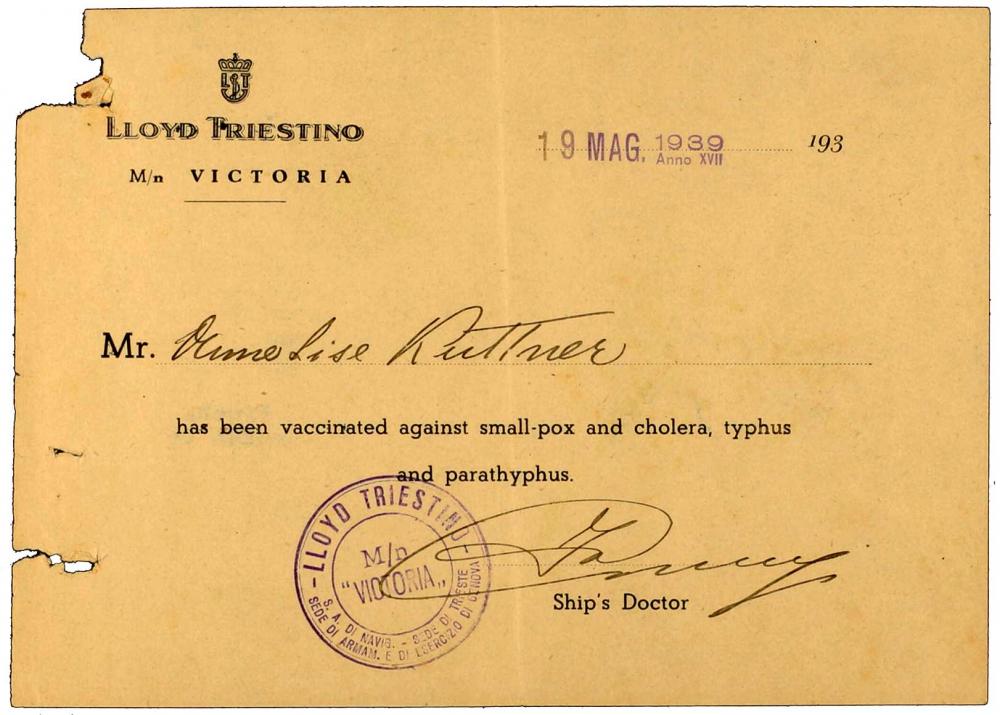 Vaccine certificate for Anneliese Kuttner: Lloyd Triestino, printed form, filled out by hand, 19 Mar 1939