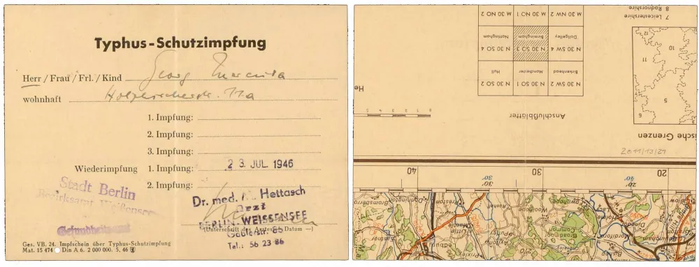 Printed form for a typhus vaccination, filled out by hand and signed by Dr. Hettasch in Berlin’s Weissensee neighborhood; the back shows the edge of a map with the distance scale