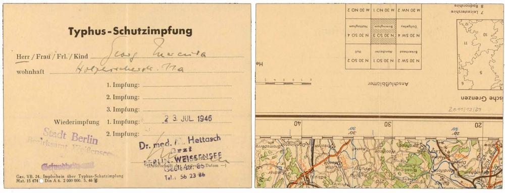 Printed form for a typhus vaccination, filled out by hand and signed by Dr. Hettasch in Berlin’s Weissensee neighborhood; the back shows the edge of a map with the distance scale