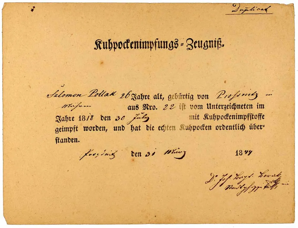 Cowpox vaccination certificate, filled out by hand, for the 26-year old Salomon Pollak, 10 lines, illegible signature, vaccine date: 30 Jul 1844