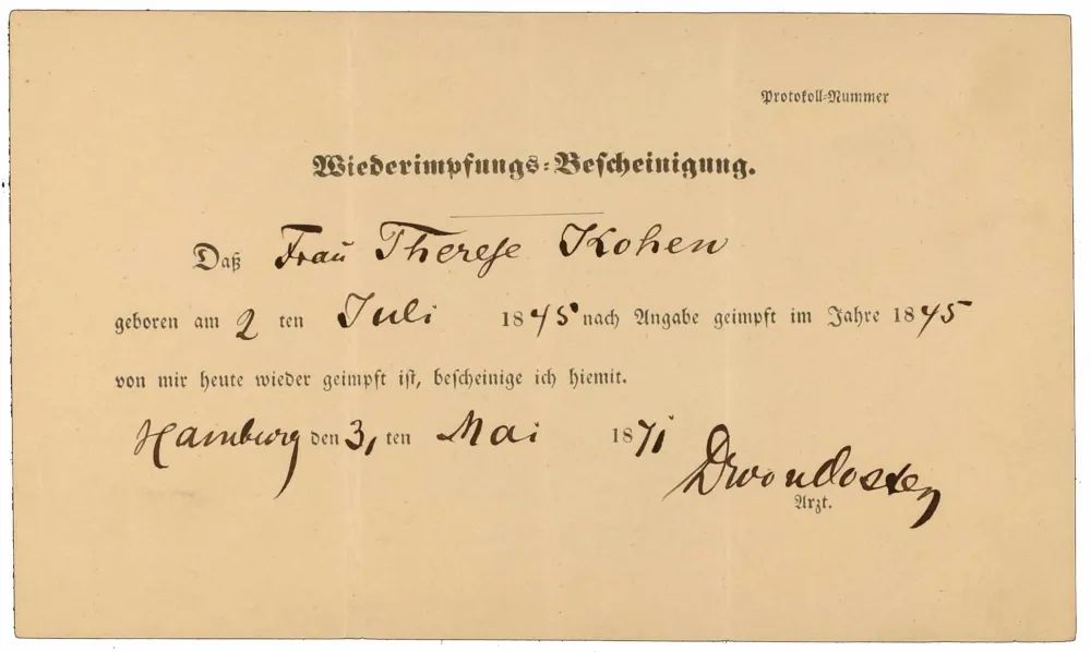 Vaccine certificate for Therese Kohen: front side, filled out by hand, Hamburg, 31 May 1871