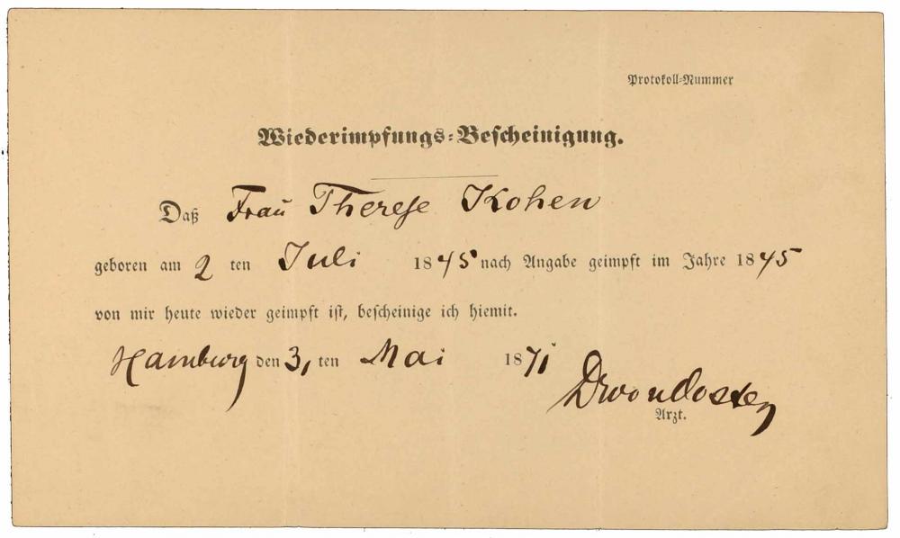 Vaccine certificate for Therese Kohen: front side, filled out by hand, Hamburg, 31 May 1871