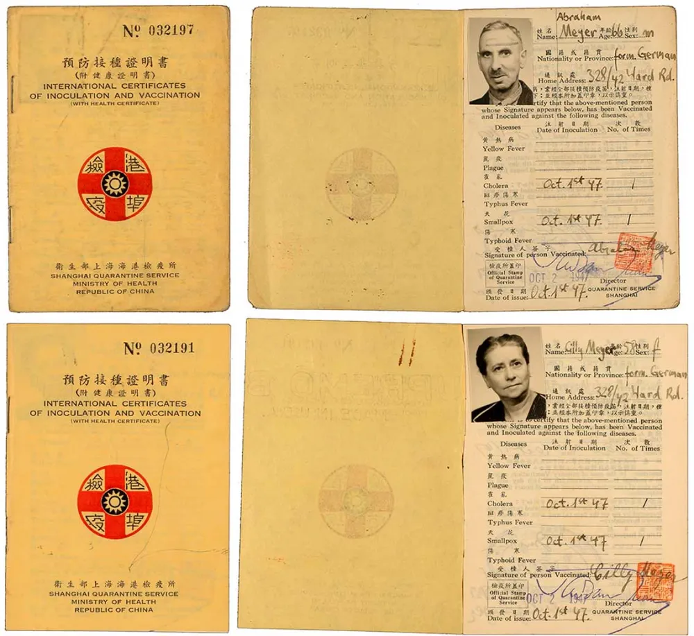 Collage of front pages and spread-open vaccine certificates for Abraham and Cilly Meyer: showing passport photographs, stapled, printed form, filled out by hand, English, Chinese, Shanghai, 1 Oct 1947