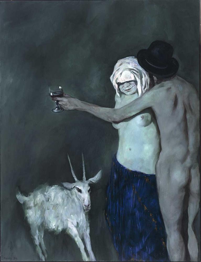 The painting shows a naked man from behind, in the hand of his outstretched arm he is holding a glass of wine. He is standing in front of a bare-breasted, smiling woman, on the left side of the picture is a billy goat.