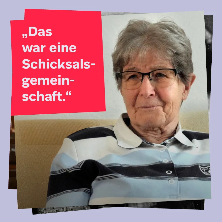 Portr&auml;t von Renate Aris, daneben das Zitat: &bdquo;Das war eine Schicksalsgemeinschaft.&ldquo;