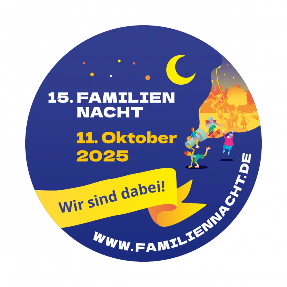Sticker mit der Aufschrift: 15.Familien Nacht 11. Oktober 2025 Wir sind dabei! www.familiennacht.de