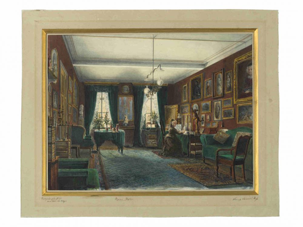 Painting of a room with paintings on the wall and a woman in a dress at a desk