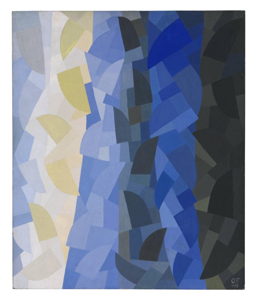 Abstraktes Gemälde mit weißen, beigen, blauen und schwarzen Formen