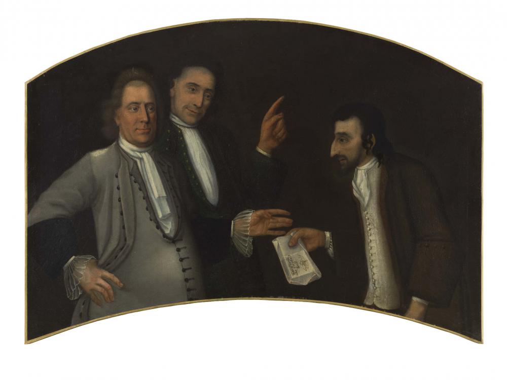 Painting with three men. The middle man raises his index finger. With the other hand he takes a piece of paper from the man on the right side.