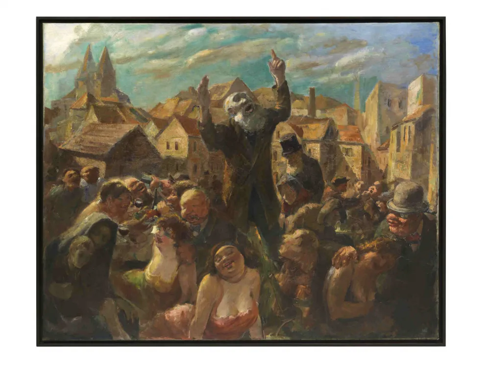 Painting with a man with a beard in the center, people around him, houses in the background