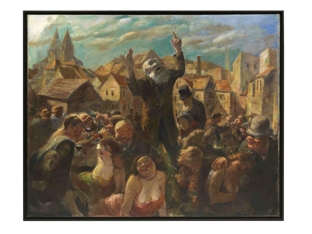  Painting with a man with a beard in the center, people around him, houses in the background
