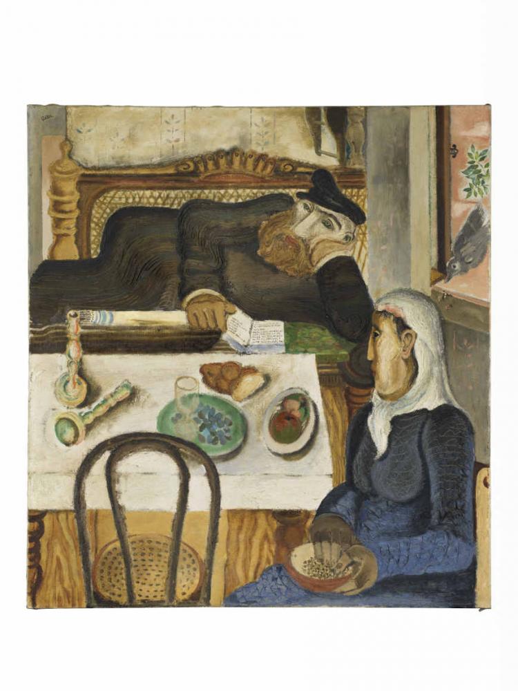 Gemälde mit einem Mann mit Bart und Mütze und einer Frau mit weißem Kopftuch, die an einem Tisch sitzen