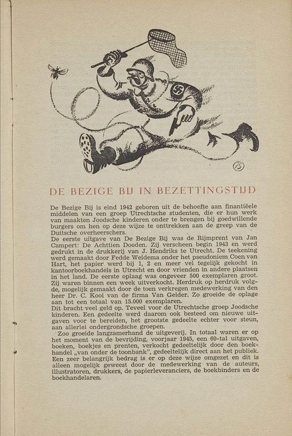 Auszug aus einer Infobroschüre, Text und eine Illustration eines Soldaten, der mit einem Kescher versucht eine Biene zu fangen.