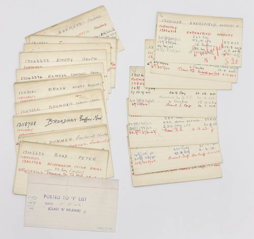 Two spread-out stacks of labelled index cards