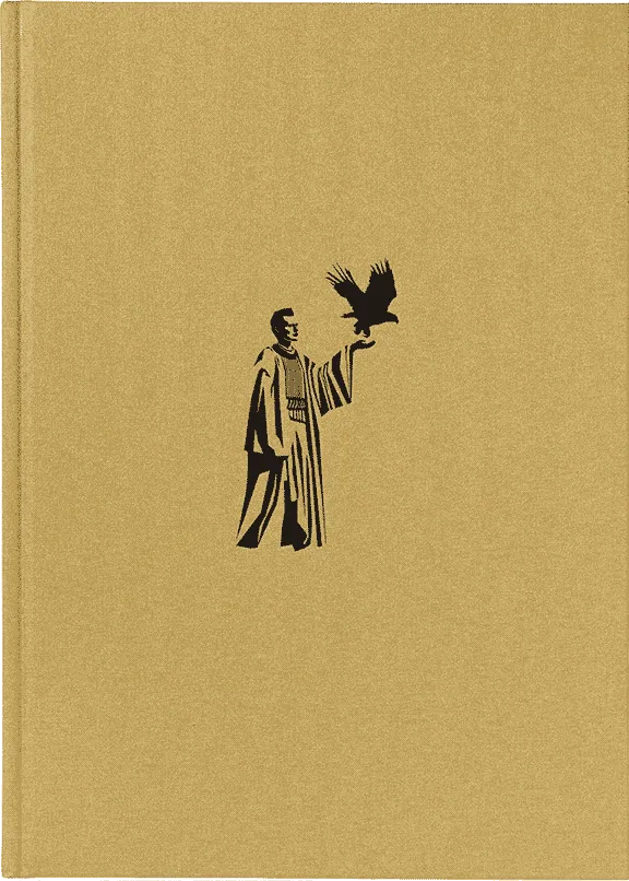 Das Cover zeigt auf goldenem Hintergrund eine schwarze Figur. Ihr linker Arm ist erhoben, auf ihrer Hand setzt ein Adler zum Flug an.