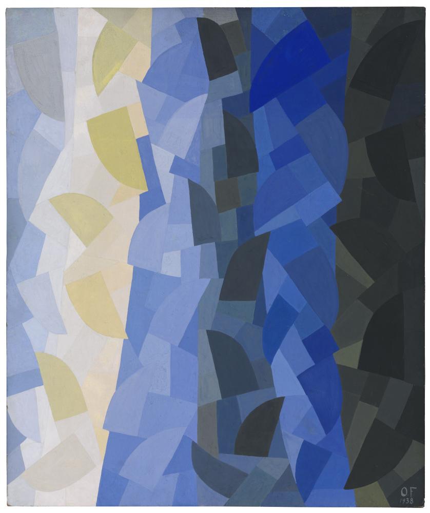 Abstraktes Gemälde in Blau-, Schwarz- und Gelbtönen