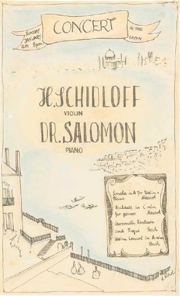 Striche deuten ein Stadtpanorama an, das von blauem Wasser umgeben ist, auf dem drei Schiffe zu sehen sind