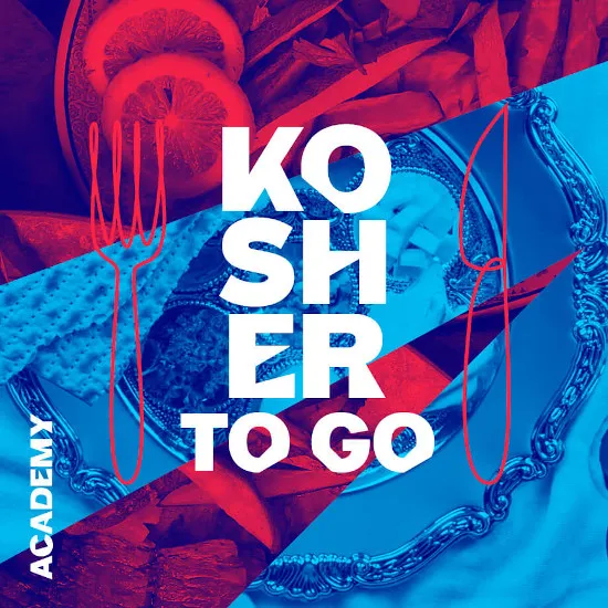 Event graphic: Red and blue collage showing photo cutouts of food and silverware. Inscription in white: Kosher to go