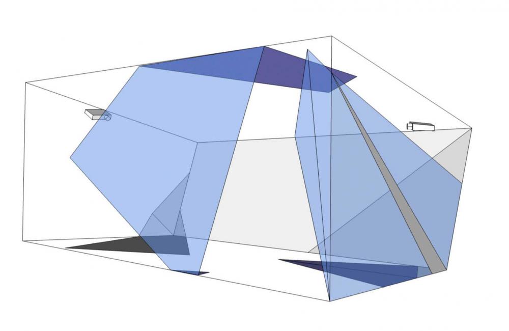 Design of a showcase pierced by two blue transparent levels.