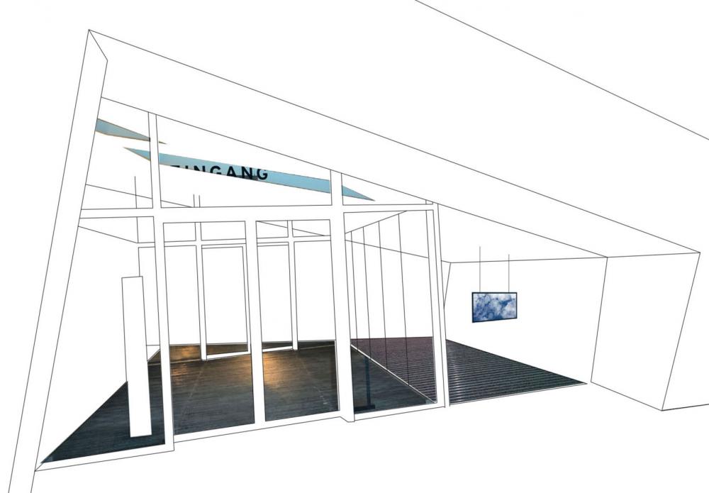 Graphic of the Academy's entrance area with transparent sliding doors and a floor-to-ceiling display case with a picture hanging from its slanted ceiling.