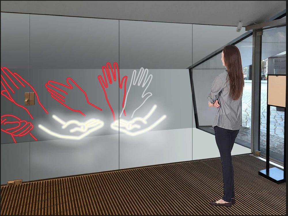 Floor-to-ceiling display case depicting oversized hands in various gestures. The outlines of the hands are made of red and white fluorescent tubes.