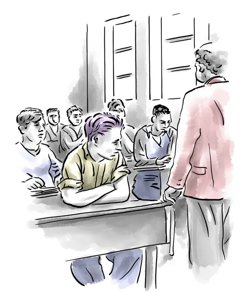 Drawing: view into a classroom, boys sitting at desks, in the foreground back-view of a teacher