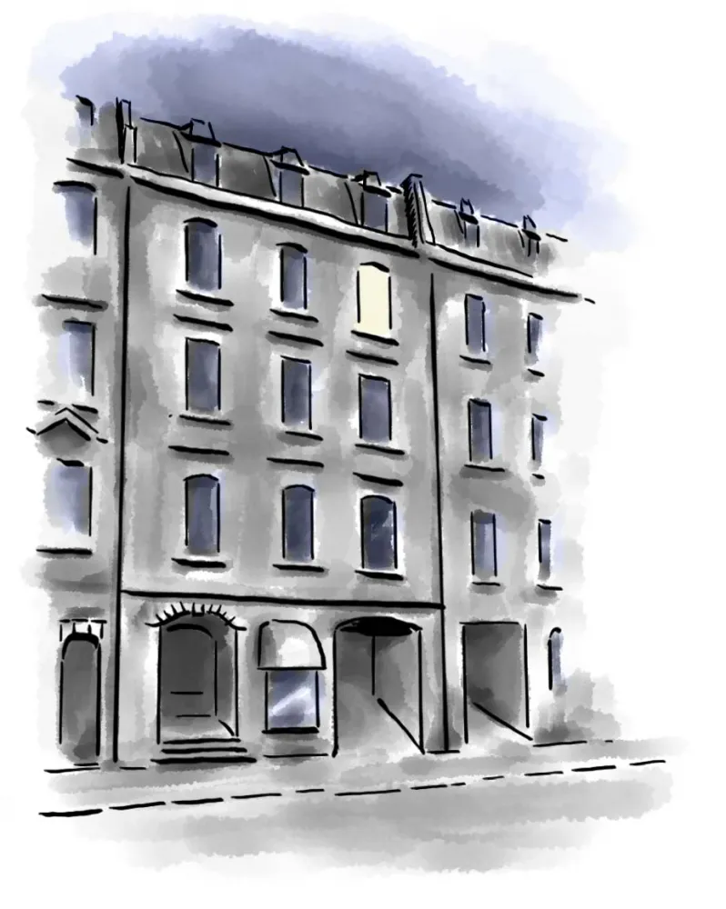 Drawing: four-storied house seen from the street in the dark, one illuminated window in the 4th floor