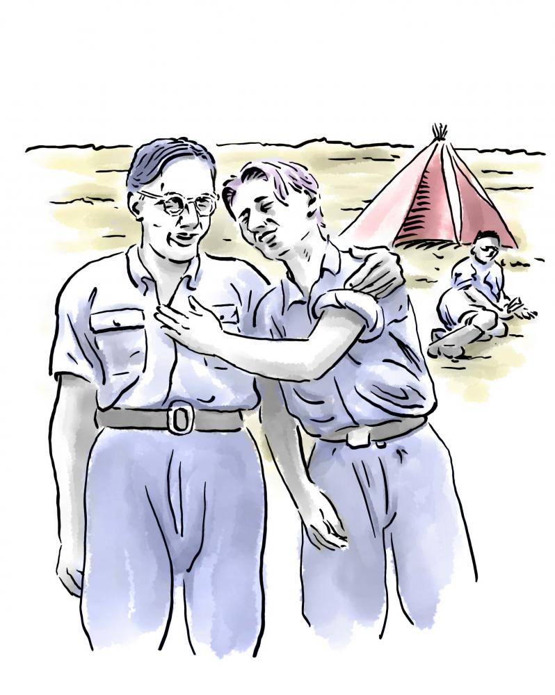 Zeichnung: Zwei Jugendliche in Fahrtenkleidung; die rechte Person berührt die andere mit der Hand; im Hintergrund ein Zelt 