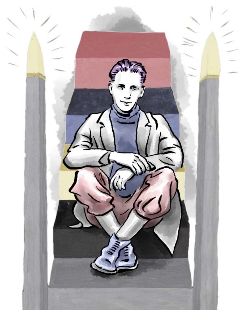 Drawing: a male teenager sitting on a staircase with steps in different colors flanked by lit-up columns
