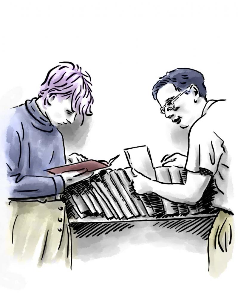 Drawing: two male youths standing in front of a book shelf; the guy on the left leafs through a book 