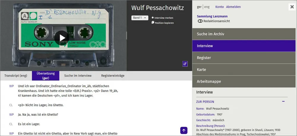 Detailansicht einer Benutzeroberfläche, zu sehen sind: eine Audiokassette mit dem Interview mit Wulf Pessachowitz und seine Kurzbiografie, ein Teil des übersetzten Audiotextes und verschiedene Bedienelemente.